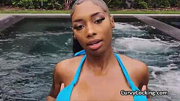 Homemade pool fun with big ebony tits outdoors in pov