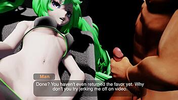 Miku's casting couch blowjob with voyeur on sofa