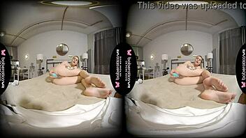 Solo brunette Amanda Clarke enjoys VR session with toys