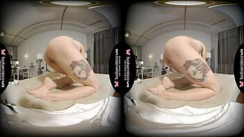 Solo brunette Amanda Clarke enjoys VR session with toys