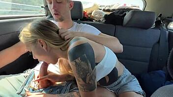 wake up blonde girl for risky blowjob in the car