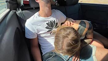 wake up blonde girl for risky blowjob in the car