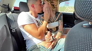 wake up blonde girl for risky blowjob in the car