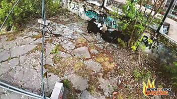 tattooed brunette milf gets rough outdoor doggy fuck in pov