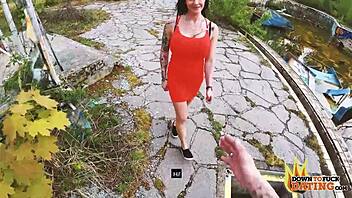 tattooed brunette milf gets rough outdoor doggy fuck in pov