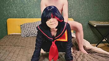 Ryuko Matoi gets bent over by naked teacher, taking it in all holes until anal creampie from POV.