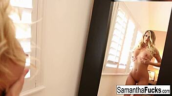 Bombshell Samantha Saint masturbates in lingerie