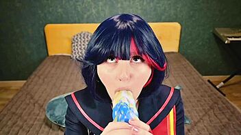 Ryuko Matoi gets bent over by naked teacher, taking it in all holes until anal creampie from POV.