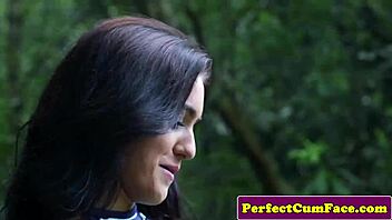 blue-eyed babe strips outdoors, gets clothes ripped, facial cumshot close up