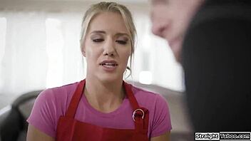 Maid with small breasts gives a blowjob to two burglars