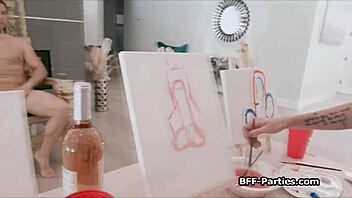 Painters jump on nude models' cocks.