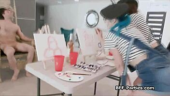 Painters jump on nude models' cocks.