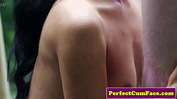 blue-eyed babe strips outdoors, gets clothes ripped, facial cumshot close up