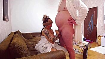 Blindfolded big tits crave banana blowjob