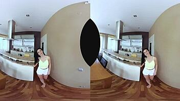 Anal breakfast with a brunette's shaved pussy bent over for creampie.