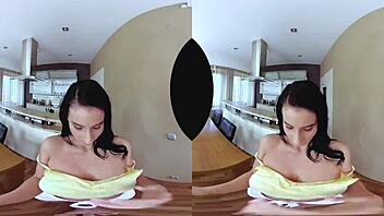 Anal breakfast with a brunette's shaved pussy bent over for creampie.