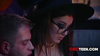 Nerdy stepsister gets fucked by two stepbrothers in a threesome