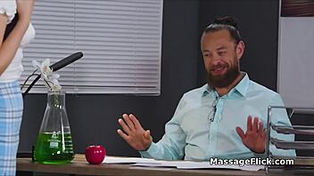 Masseuse expertly milks professor's huge cock in classroom massage session