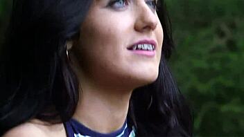 blue-eyed babe strips outdoors, gets clothes ripped, facial cumshot close up