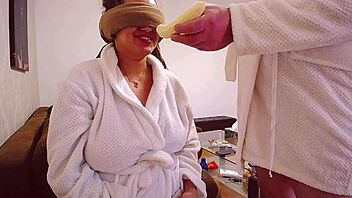 Blindfolded big tits crave banana blowjob