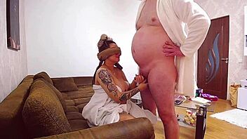 Blindfolded big tits crave banana blowjob