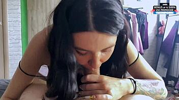 gorgeous babe delivers epic blowjob and handjob with cum finish