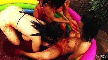 British brunette lesbians jelly wrestle, shaved pussies eating. Toys excite them for threesome.