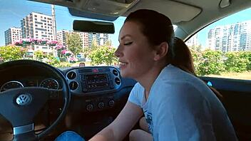 Amateur pornstar gives a blowjob in the car and swallows cum