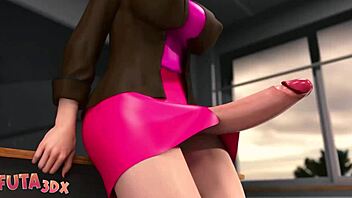 Futanari teacher gets her big titties banged in hentai video