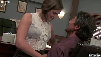 Wow, watch this horny brunette in lingerie get fucked by her boss! Can you believe she eats his cum?