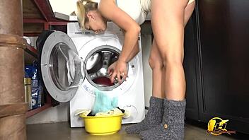 Girlfriend plays with toys and tits while wearing socks