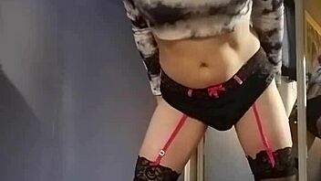 she tries on new outfit crop top and red mini in lingerie