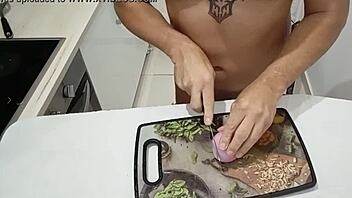 Naked cooking in the kitchen