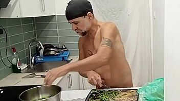 Naked cooking in the kitchen