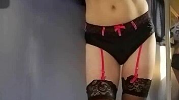 she tries on new outfit crop top and red mini in lingerie
