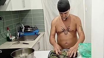 Naked cooking in the kitchen