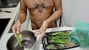 Naked cooking in the kitchen