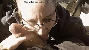 Nerdy Girl Sucks Big Cock in Parking Lot, Wipes Cum