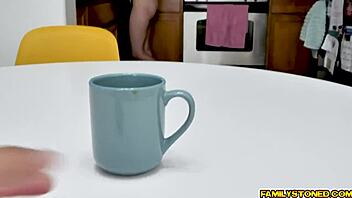 Aften Opal, the sexy blonde, takes her stepdad's cock from behind in the shower