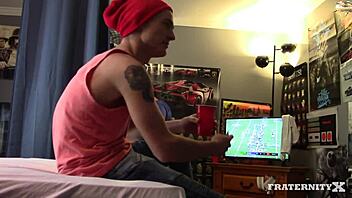 frat guys hustling in a group scene