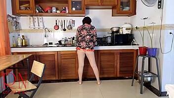 Housewife in pantyhose gets wild orgasm in kitchen