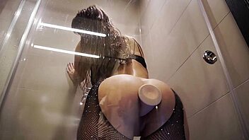 Big ass rides dildo in bathroom