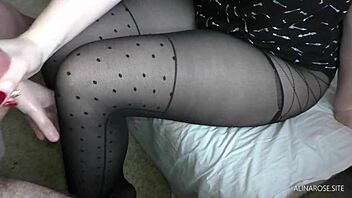 teen handjob spills cum on legs in nylon pantyhose