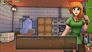Anime Hentai game pornplay features Alex in a kitchen apron and handjob
