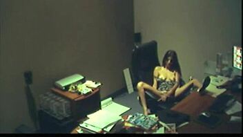 Office brunette girl fingering her wet pussy during break time