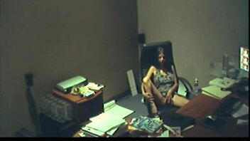 Office brunette girl fingering her wet pussy during break time