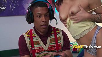 brunette babe distracts gamer with anal buttplugs and squirting!