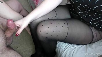 teen handjob spills cum on legs in nylon pantyhose