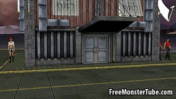 Hot 3D redhead honey gets double teamed by interracial group!