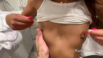 Outdoor sex with a young couple in public shower